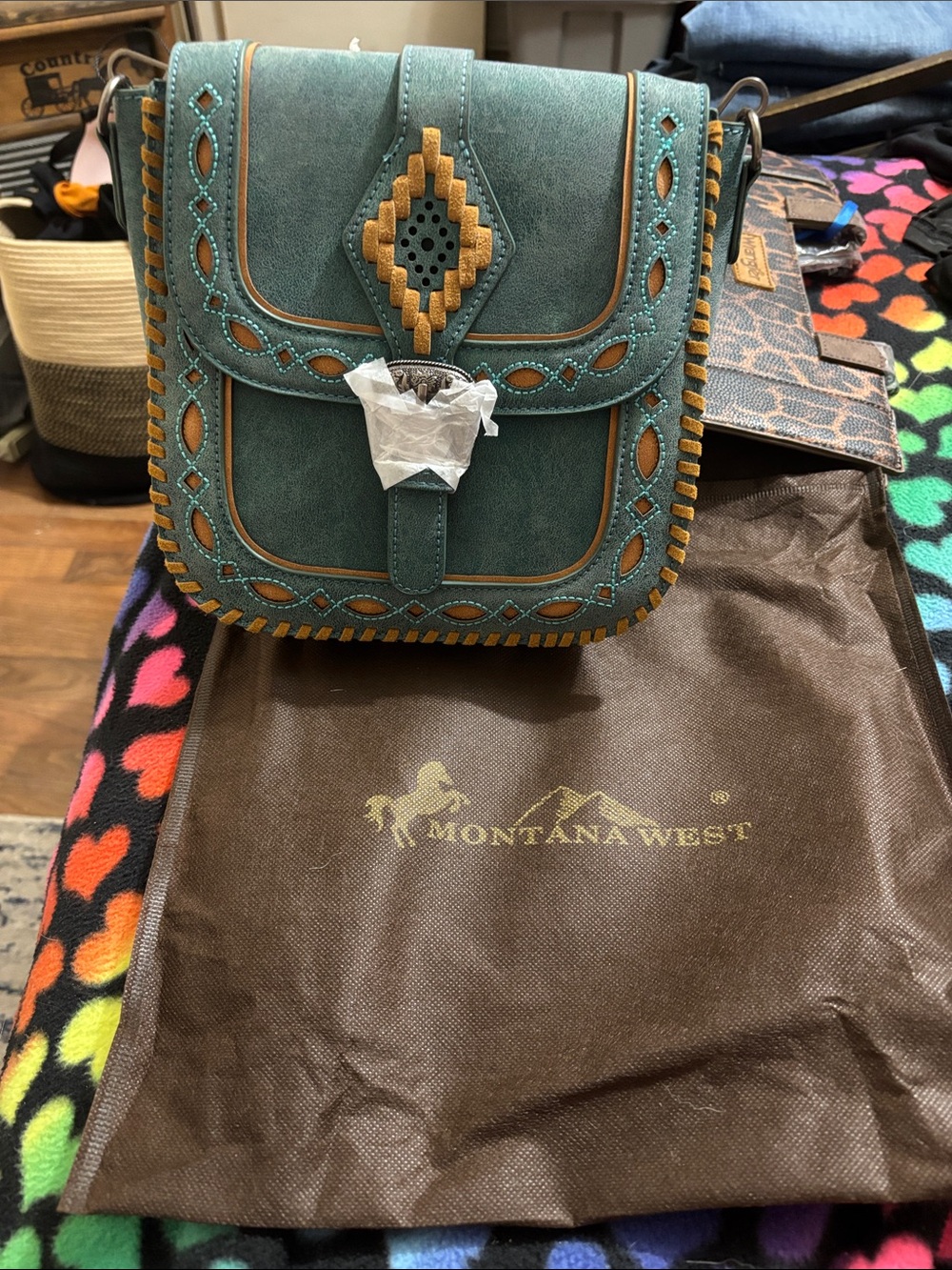 Montana West Teal and Tan Western Cutout Crossbody Bag
